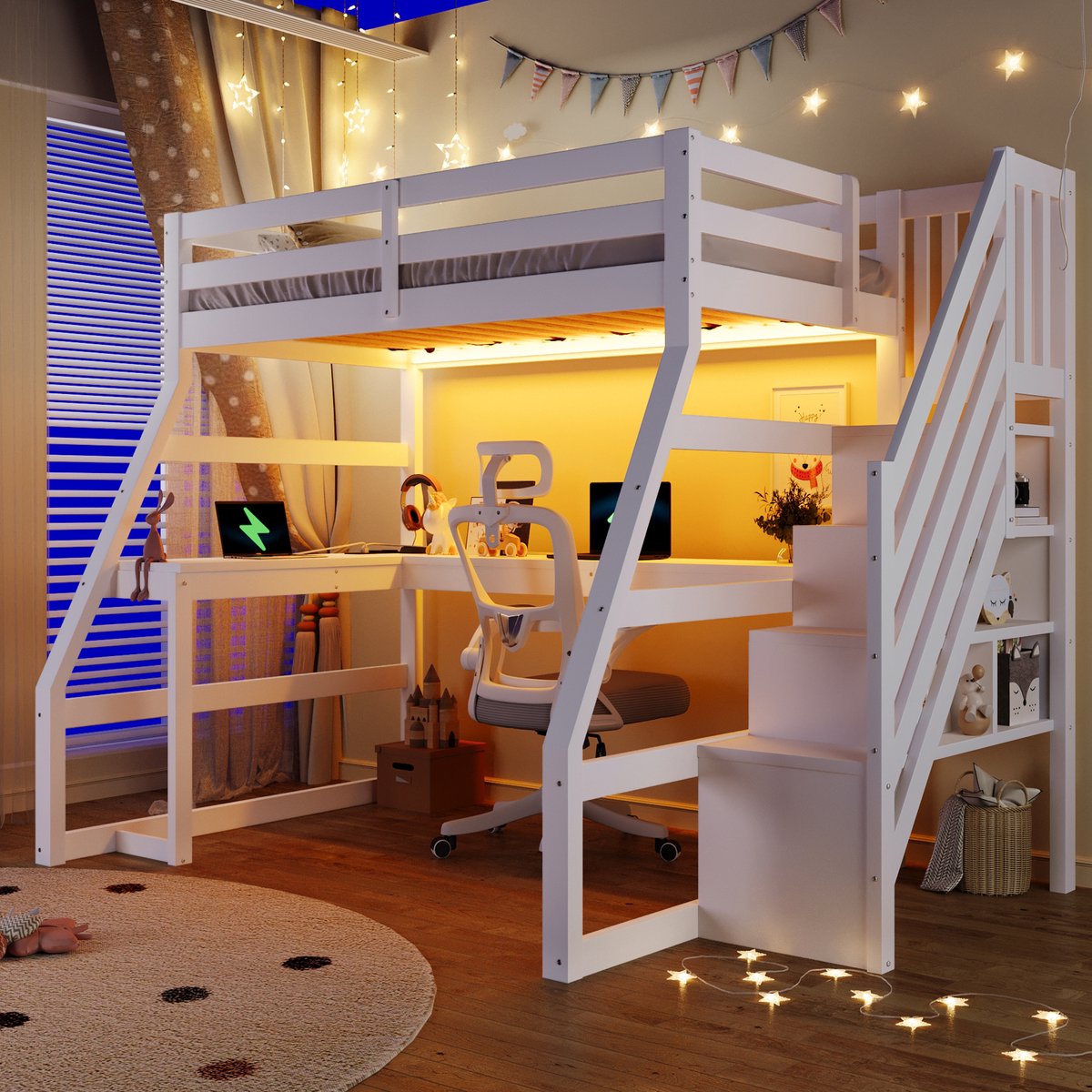 Wishdor Hoogslaper met bureau - ledverlichting - trap met opbergruimte - hout - wit - 90x200 cm - voor kinderen