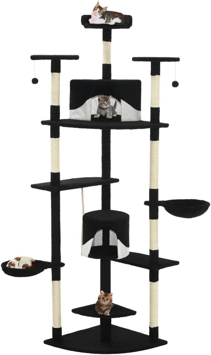 Kattenboom met Krabpalen - Kattenkrabmeubel Speelhuis Kat - Katten Vermaken - Meerdere Verdiepingen - 203 cm - Zwart-Wit