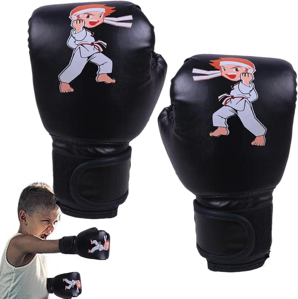 Kinder bokshandschoenen - Trainingshandschoenen jeugd - Actieve levensstijl - Ademende gaten - 17x25cm - Zwart