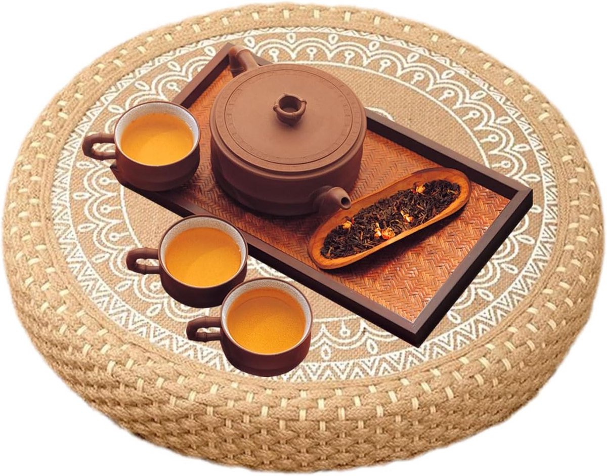 Japanse Vloerkussen - Zabuton Meditatiekussen - Ontspannen Zitten - Handgeweven Jute - 40 cm Diameter - Wit