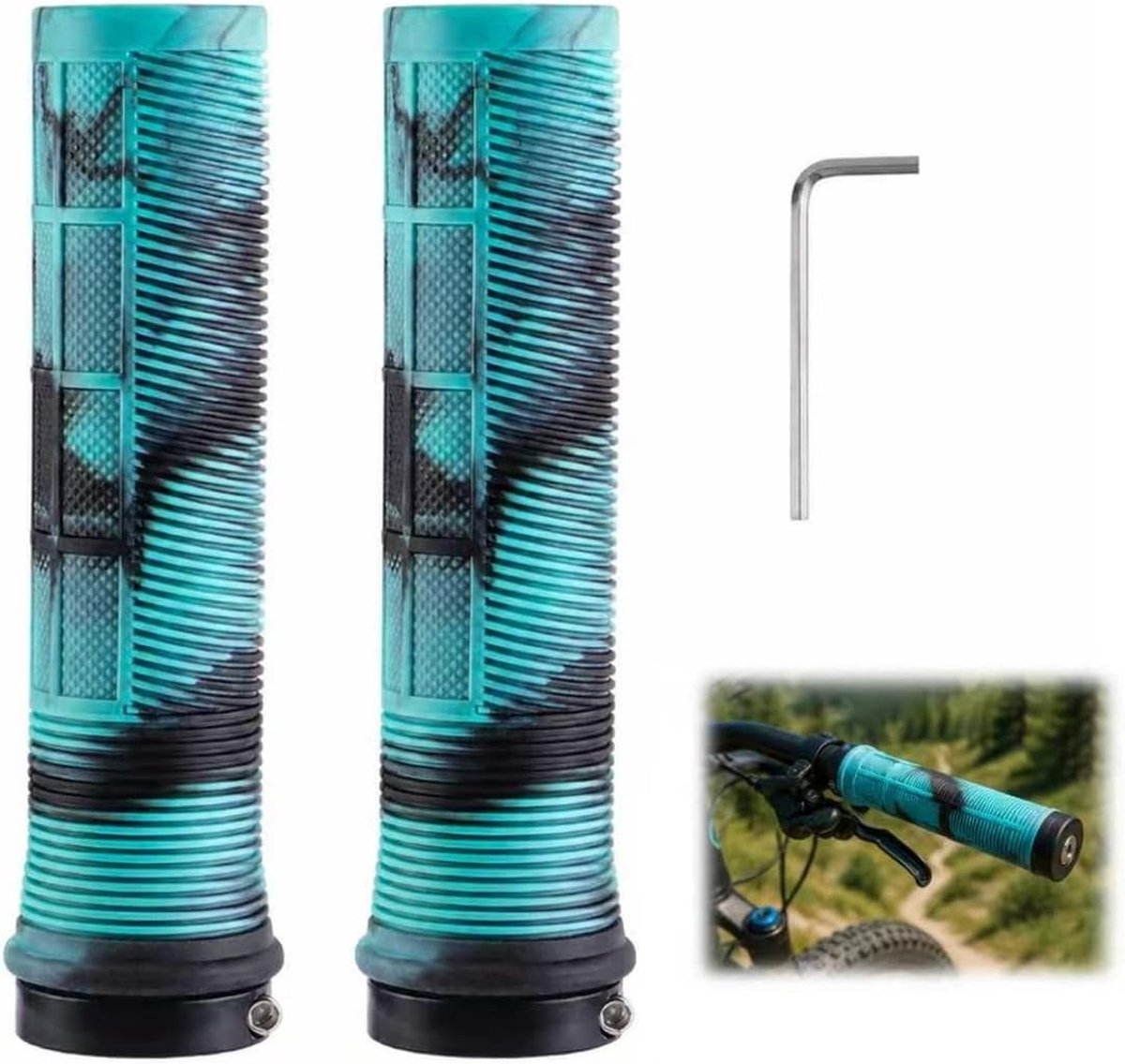Fietshandgrepen 22 mm in blauw-zwart mix – antislip rubberen handgrepen met aluminium slot, ideaal voor MTB, scooter en kinderfiets, comfortabele grip en duurzaamheid
