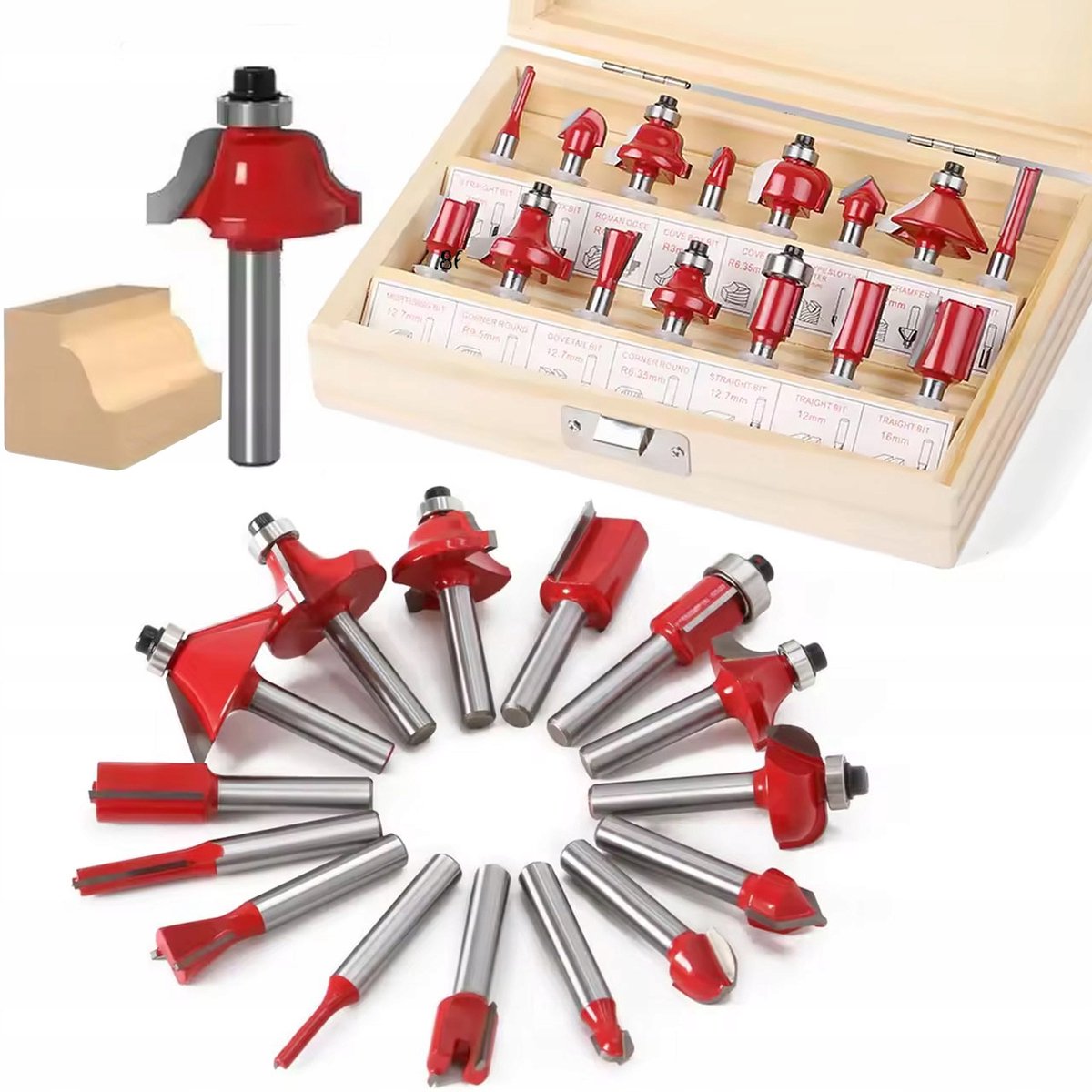 Rosfix Frezenset WoodCut Pro 15 - 15-Delig Schacht 8 mm - VHM Frezen met Lager - Voor Bovenfrees
