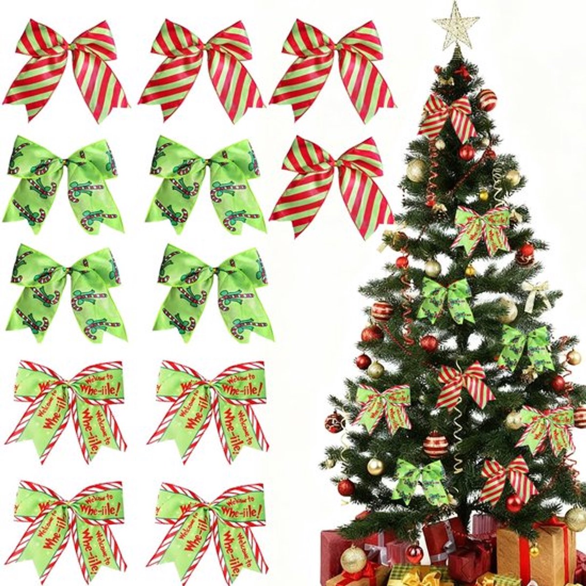 Kerststrikken 12 stuks - Kerstdecoratie - Rode Strikken met Strepenpatroon - Cadeauverpakkingen - Kerstboomdecoratie - Veelzijdige Ontwerpen