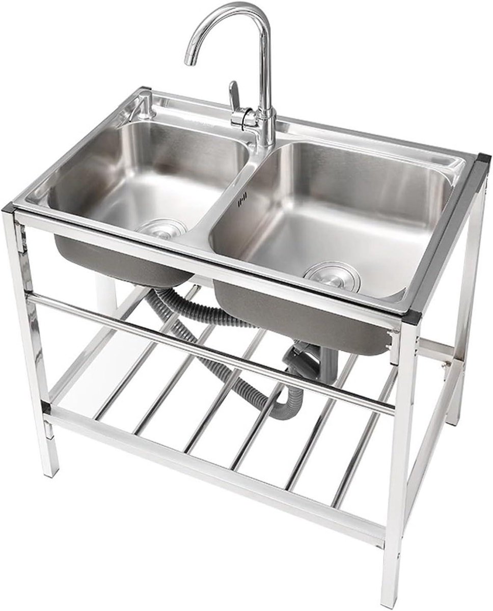 Dubbele spoelbak - Afwasbak met 2 compartimenten - Keukenwerkzaamheden - Roestvrij staal - 80x43x75 cm - Zilver