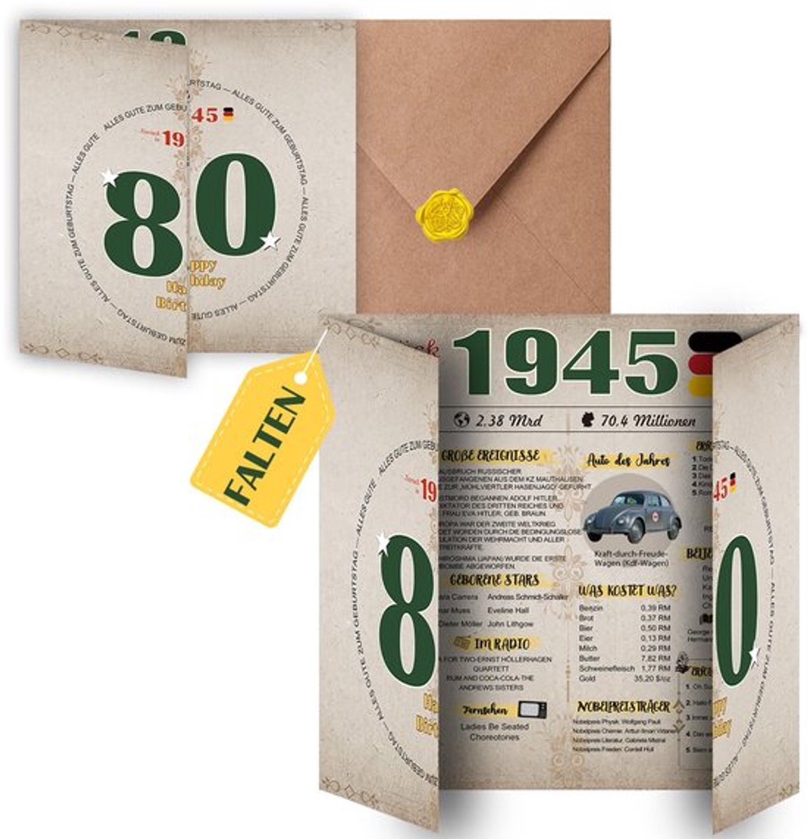 Verjaardagskaart 60 jaar - Opklapbare Grote - Inclusief Envelop - Vintage Ontwerp - Persoonlijk Cadeau - 300 g/m² Papier - Geboortekaart