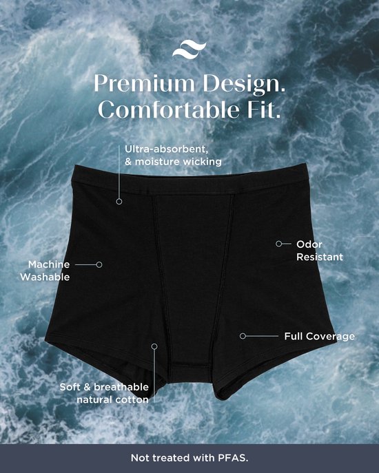 Zwarte Slaapshort met labels 'Machine Washable', 'Odor Resistant', 'Full Coverage', 'Soft & breathable natural cotton'.