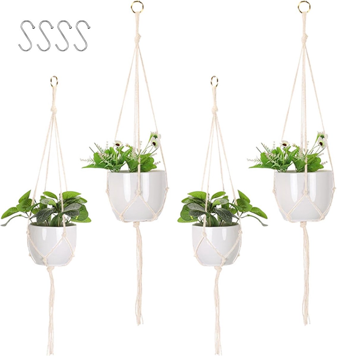 plantenhangers, 4 stuks, hangende macramé, katoenen touw, boho-decoratie, bloempot voor planten, houder voor binnen, buiten, tuin, balkon, terras, raam