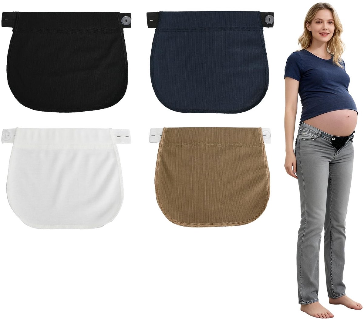 Dailygoods - Set van 4 verstelbare broekverlengingen voor broeken, zwangerschapsbroek, knoopverlenging voor broeken, comfortabele pasvorm met afdekking, 19,3 x 16,5 cm, van zachte geribbelde stof