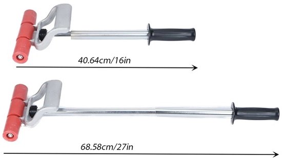Twee metalen rollen met rode wielen en zwarte handvatten, met afmetingen aangegeven.