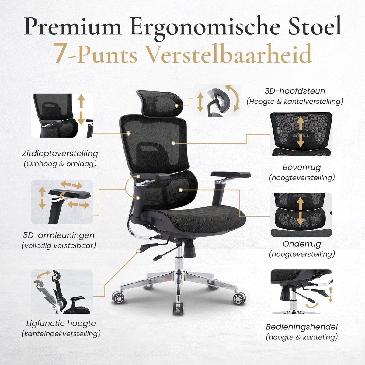LornePro Ergonomische Bureaustoel met 6 Verstelpunten - Zwart - afbeelding 3