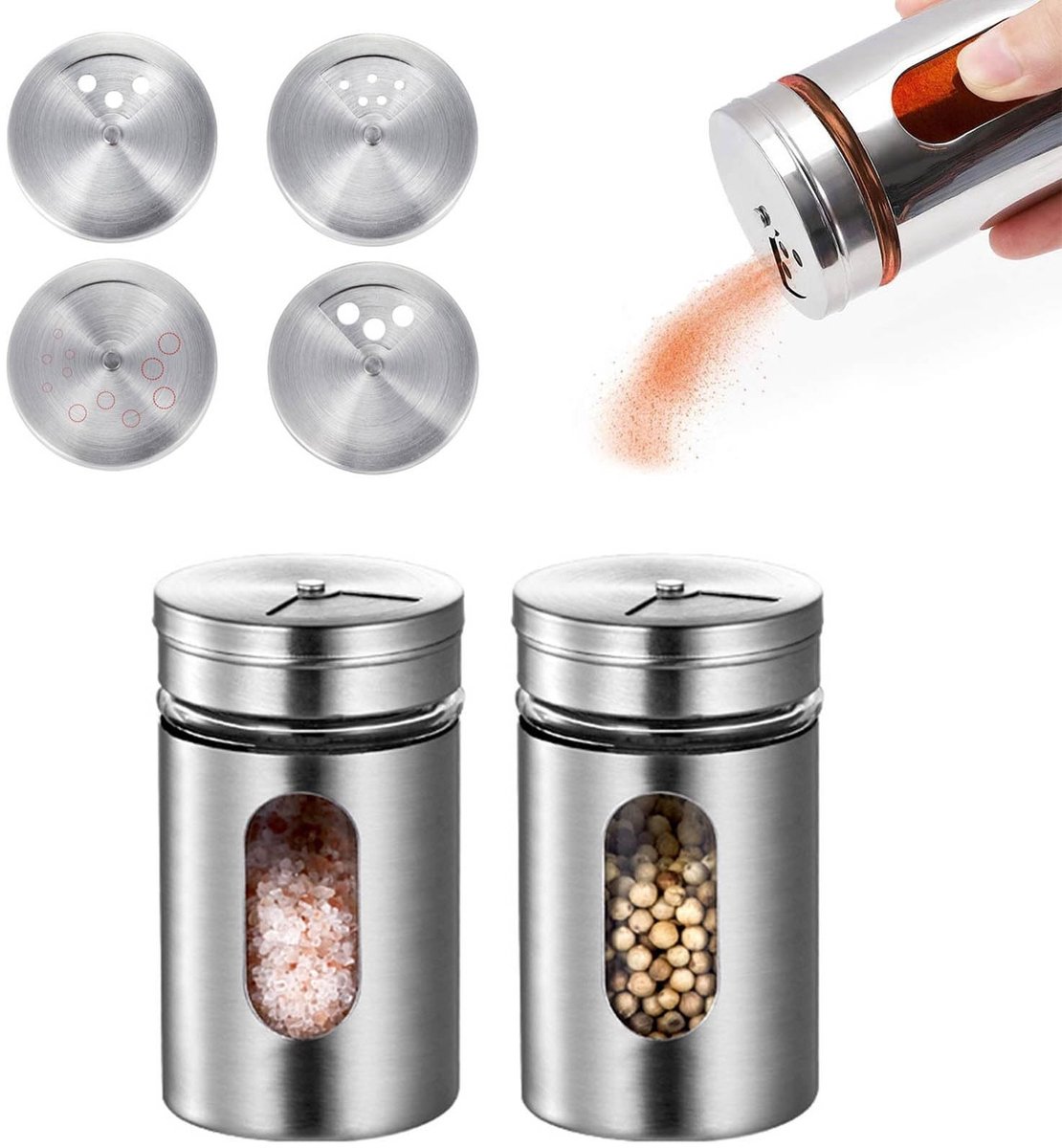 Dailygoods- Kruidenpotjes 2 stuks - Roestvrij Staal - Kruidenstrooier - 80 ml - Draaibare Afdichting - Kijkvenster met 3 Gatmaten - Specerijpotjes
