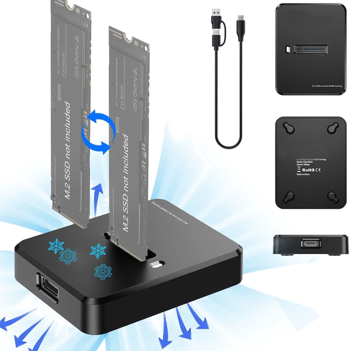 Docking Station voor Harde Schijf - USB-C 3.1-adapter voor M.2 NVMe/SATA SSD - TENZHVXI® - 10 Gbps - Draagbare behuizing - Geschikt voor formaten 2280/2260/2242/2230 - Compatibel met M.2 (M-Key, B+M-Key) NVMe- en SATA NGFF-SSD's - Plug-and-play