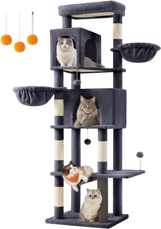 Arbre à chat gris avec 2 grottes, 2 paniers et 5 chats, avec des balles jouets sur des ficelles.