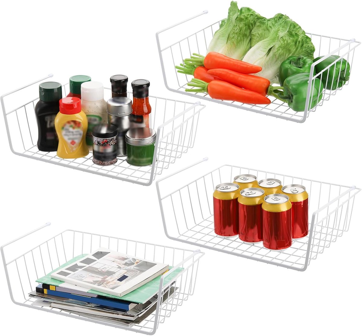 4 stuks witte draadmand onder plank, hangende opbergmanden, onder kast, extra opbergrekken, inschuifbare manden organizer voor keuken, bijkeuken, bureau, boekenplank