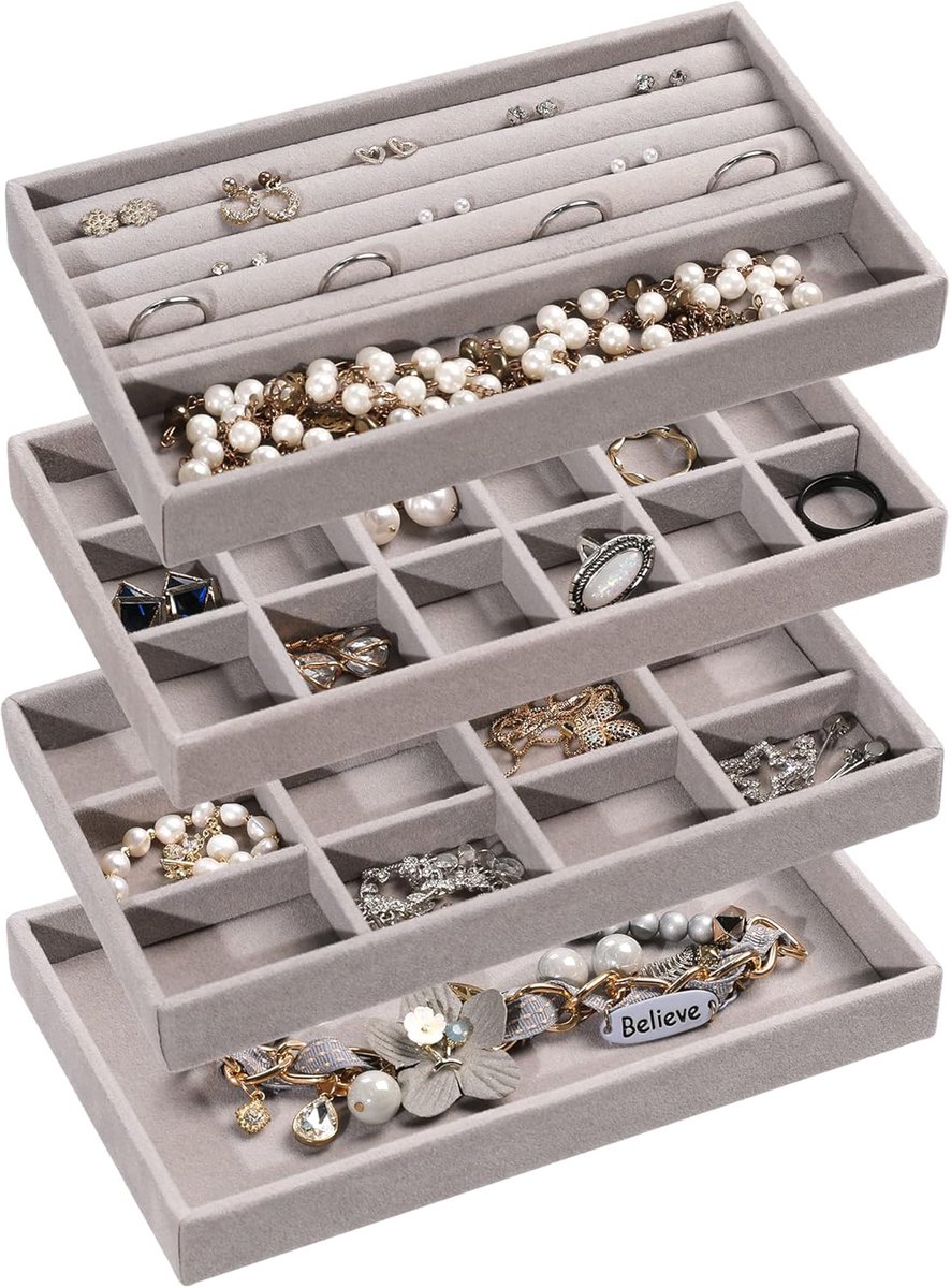 sieraden organizer dienblad, stapelbare fluwelen sieraden dienbladen, lade-inzetstukken oorbel organizer voor vrouwen sieraden opbergvitrine voor ringen stud kettingen, set van 4 (grijs)