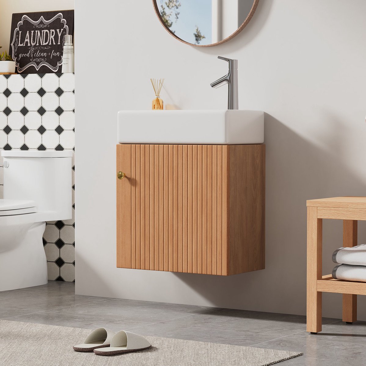 DESMIU Badkamermeubel Met Waskom - Hangend Waschtischunterschrank Met Soft Close En Opbergruimte - Voor Kleine Badkamer - Natural Wood - 46 Cm