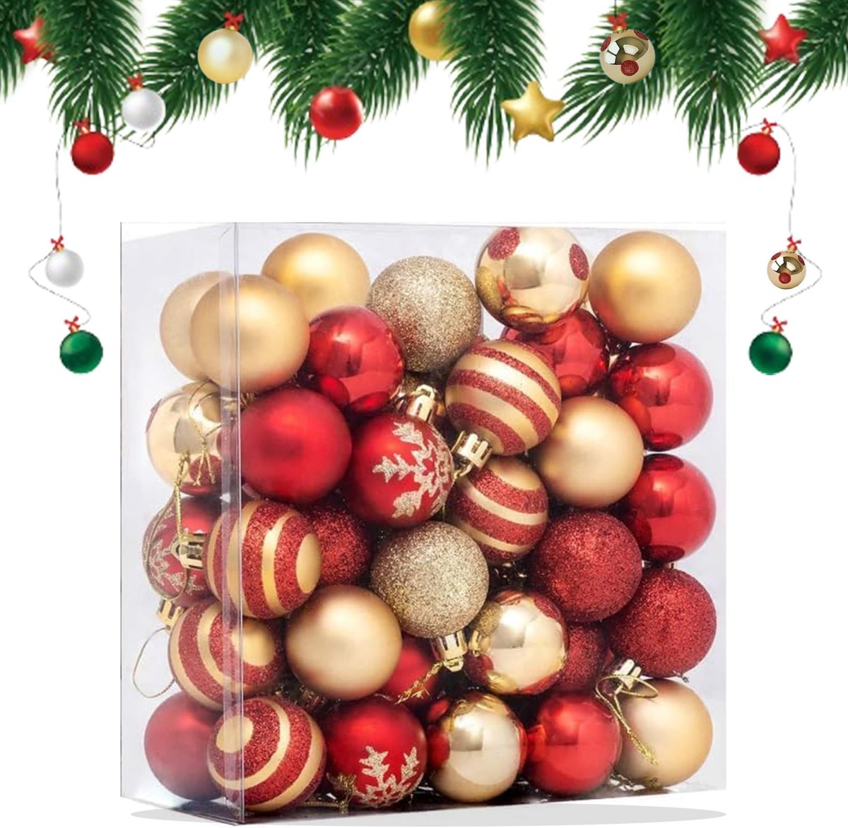 Dailygoods - 50 stuks kunststof kerstballen, ornamenten, 4 cm kerstballen, boomversiering, kerstballenset voor kerstdecoratie, bruiloft, verjaardagsfeest (rood en goud)