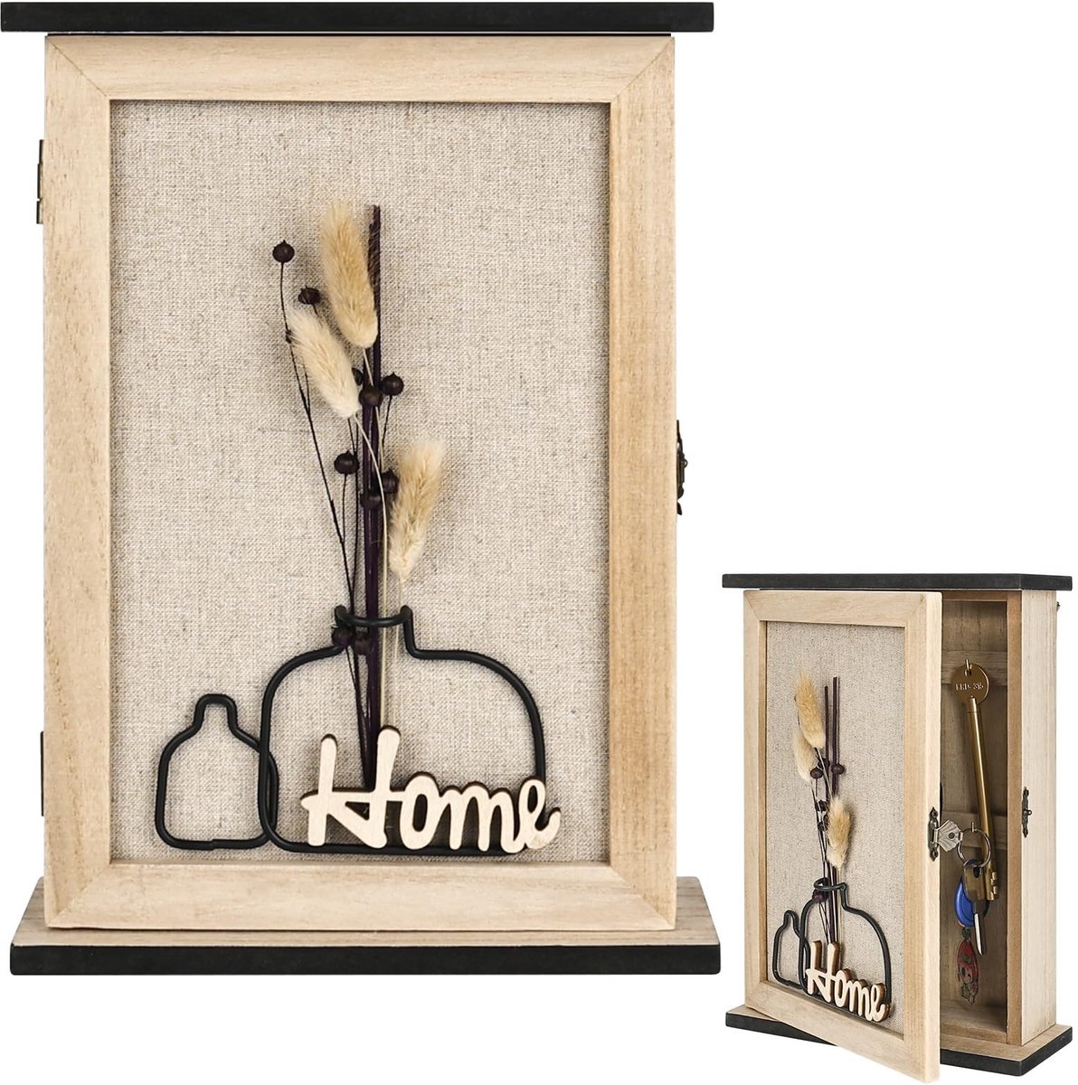 Dailygoods - Sleutelkast van hout, sleutelkast, 6 sleutelhaken, abstracte vazenornament, voor ingang, hal, kantoor, sleutelrek