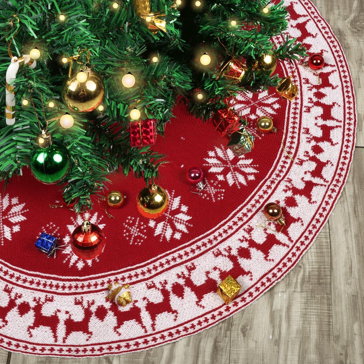 Dailygoods - Kerstboomrok, bordeauxrood gebreide kerstboomdecoraties met sneeuwvlokken en rendieren, grote kerstboombasishoezen, feest- en kerstdecoraties (120 cm)