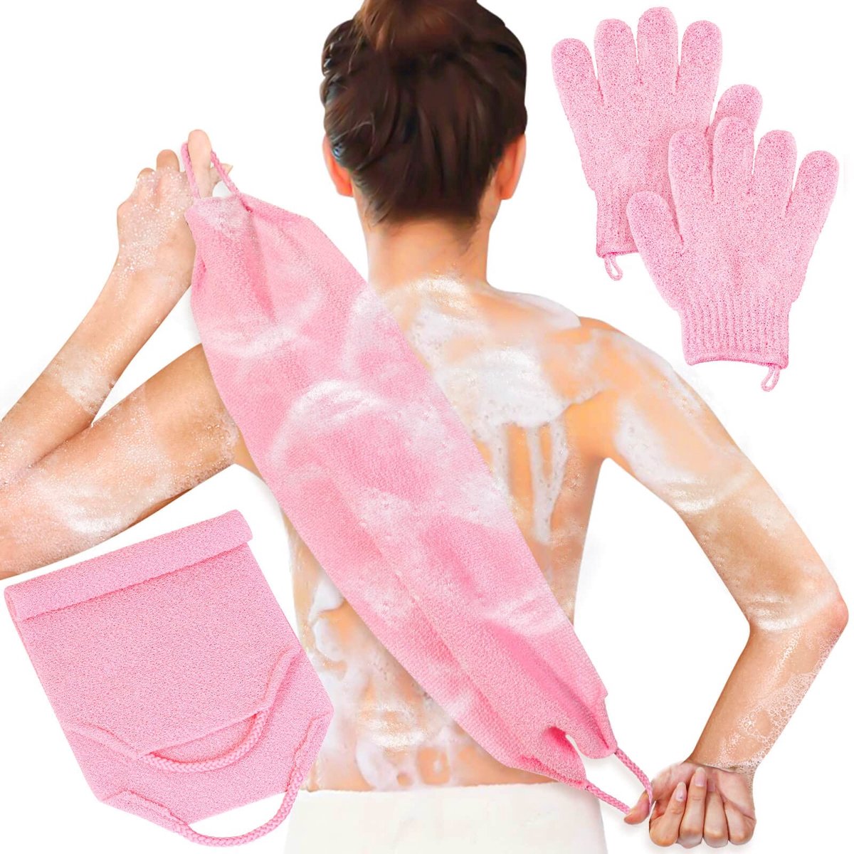 Dailygoods - Anezus Exfoliërende Douche Bad Handschoenen Rugschrobber Set voor Lichaam, Gezicht, Douche, Bad, Scrub en Exfoliator (Roze)