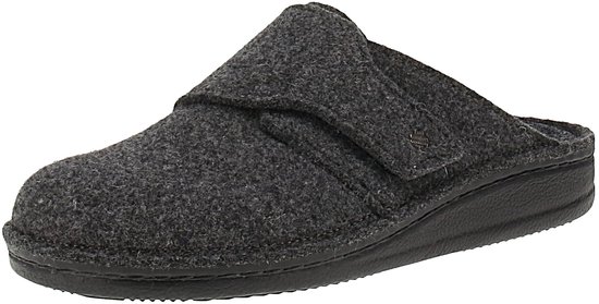 Donkere antracietgrijze vilten slipper met klittenbandsluiting en zwarte zool.