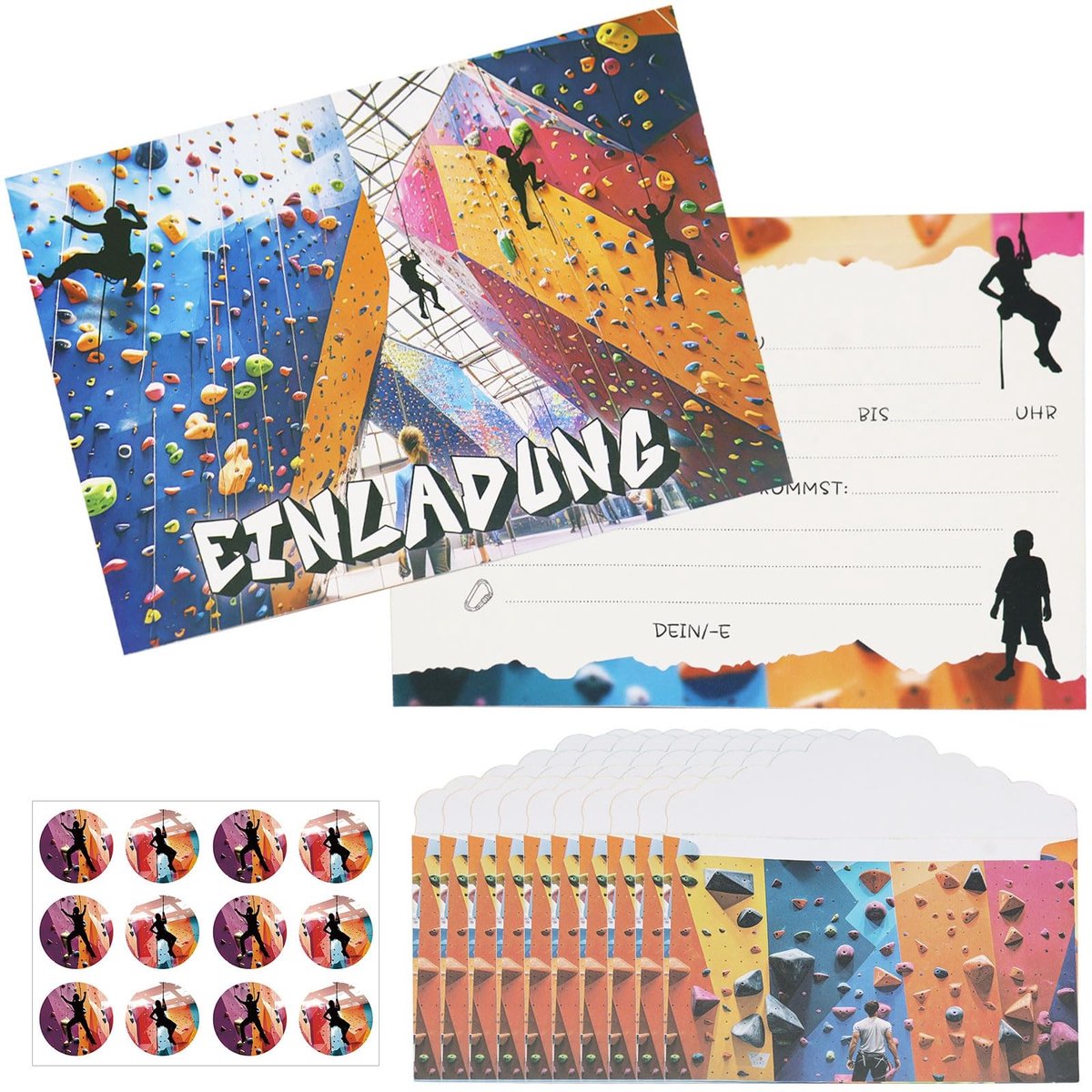 Dailygoods- Uitnodigingskaarten Klimmen - 12 Stuks - Enveloppen - Stickers - Kinderfeestje - Hoogwaardig Papier - Ruimte voor Informatie - Feestuitnodigingen