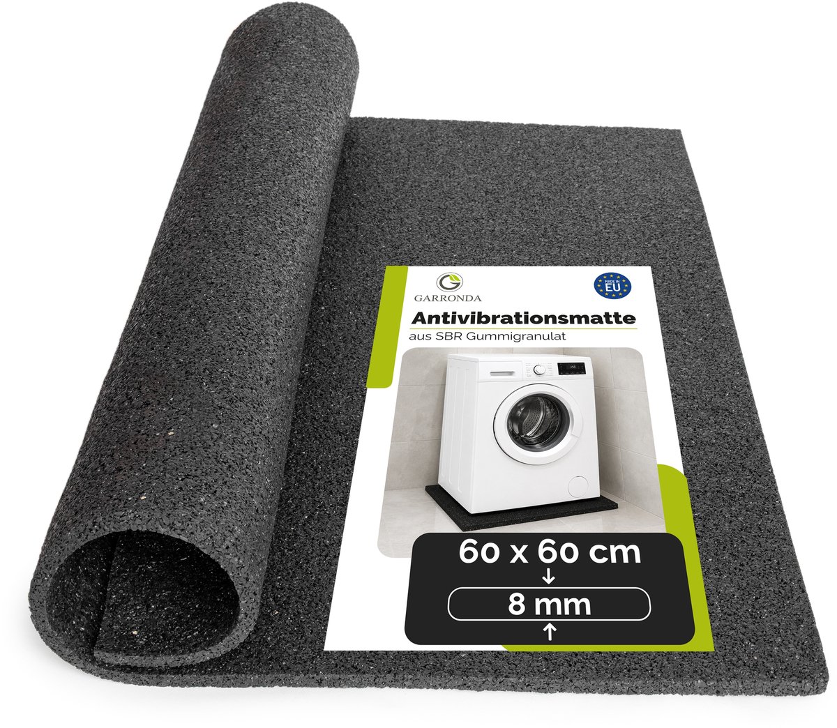Garronda Antivibratiemat 60 x 60 cm – 8 mm SBR-rubbergranulaat – Onderlegmat voor Wasmachine en Droger – Geluids- en Trillingsdempend – Antislip – GD-0251