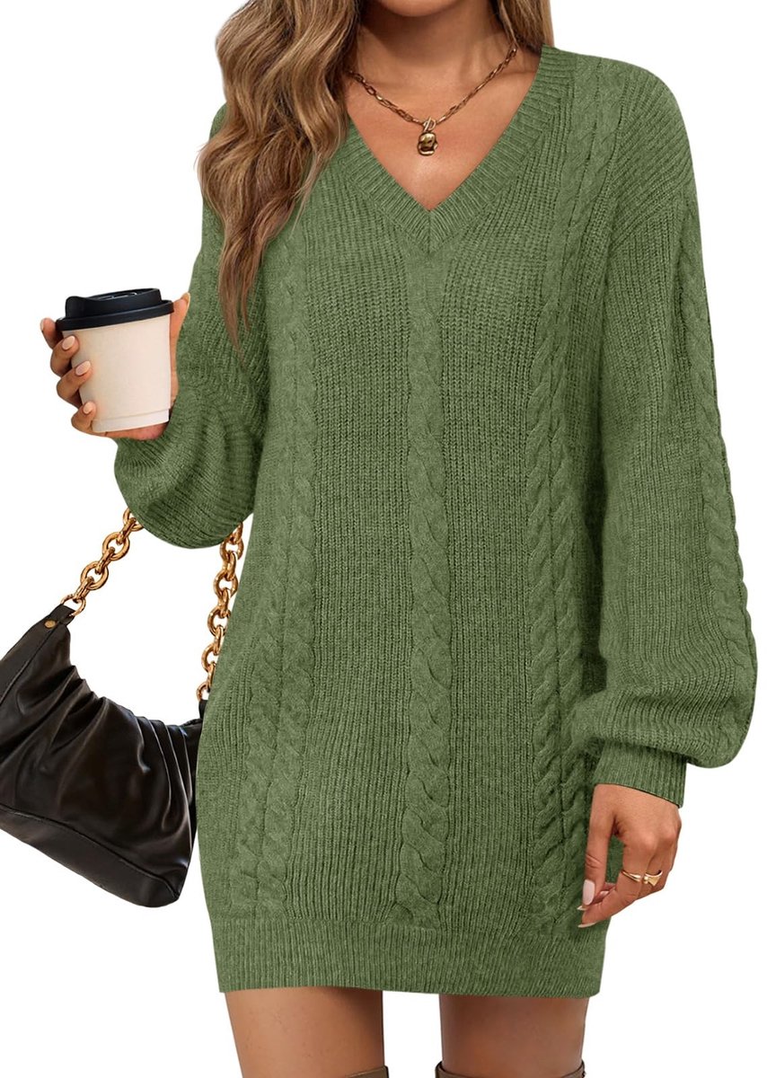 Dailygoods- Mini-jurk V-hals - Gebreide Tuniek - Oversized Pasvorm - Lange Mouwen - Casual - Zachte Vlechtstrik - Trui