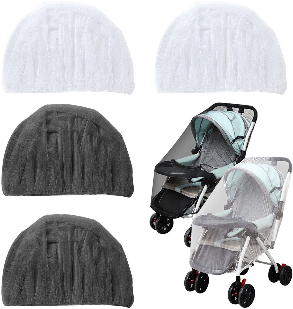 Dailygoods- Insectenbescherming 4 Stuks - Muggennet Kinderwagen - Opvouwbaar - Ademend Netwerk - Elastische Randen - 1,5 Meter Grootte