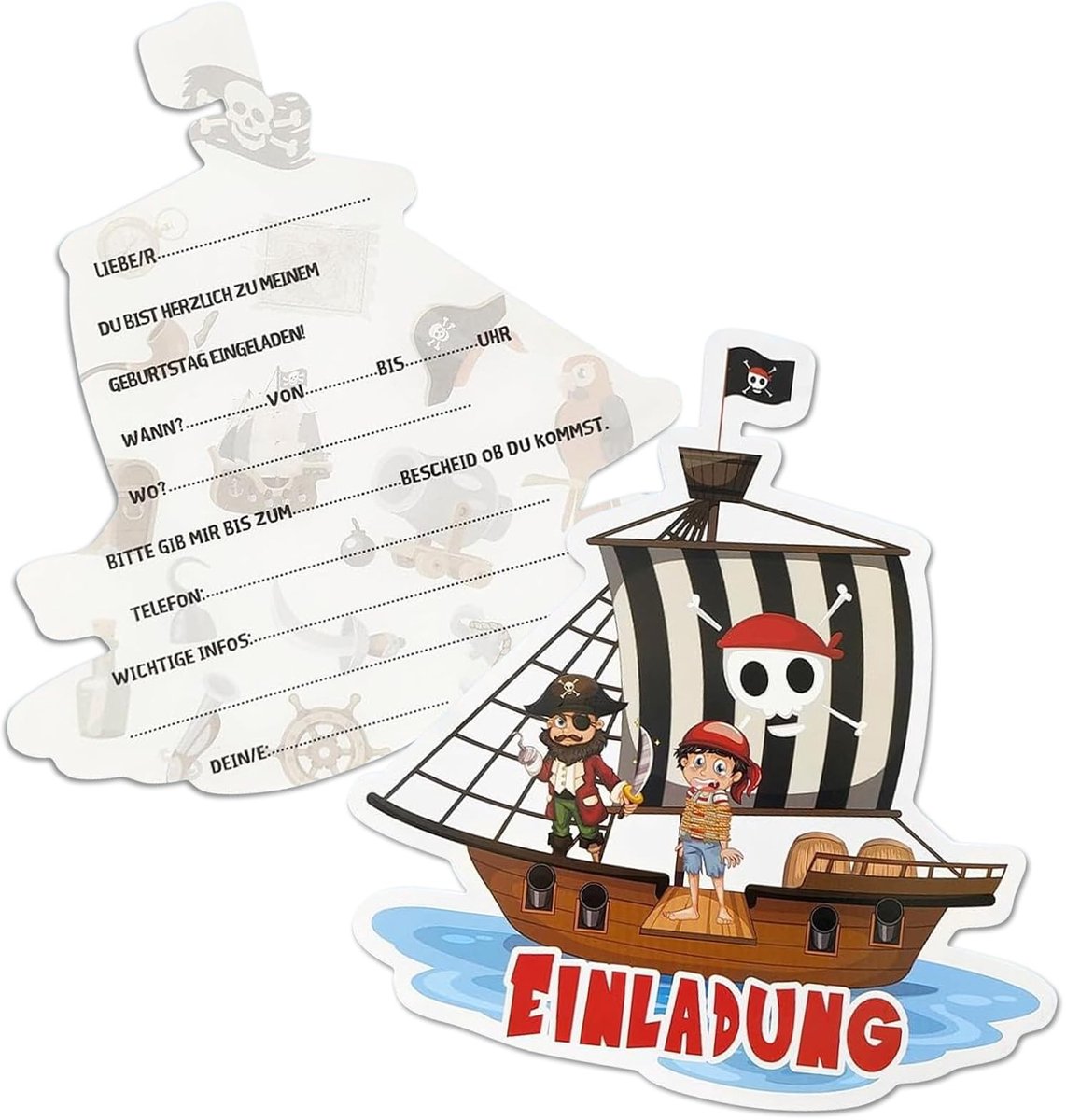 Dailygoods- Uitnodigingskaarten Piraten - 12 Uitnodigingen - Kinderfeestje - Feestuitnodigingen - Hoogwaardig Papier - Ruimte voor Informatie - Feestkaarten