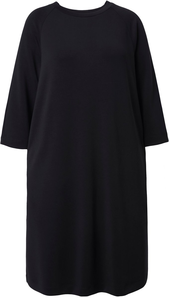 Ulla Popken Dames - Sweatjurk A-lijn ronde hals 3/4-mouwen modalmix - Zwart - Maat 46+