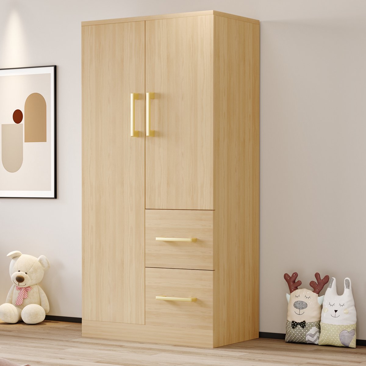 DESMIU Kledingkast - Dubbele Deuren Met Twee Laden En Ruim Opbergvak - Voor Kinderkamer En Hoogslaper - Houtkleurig - 70x40x135 Cm