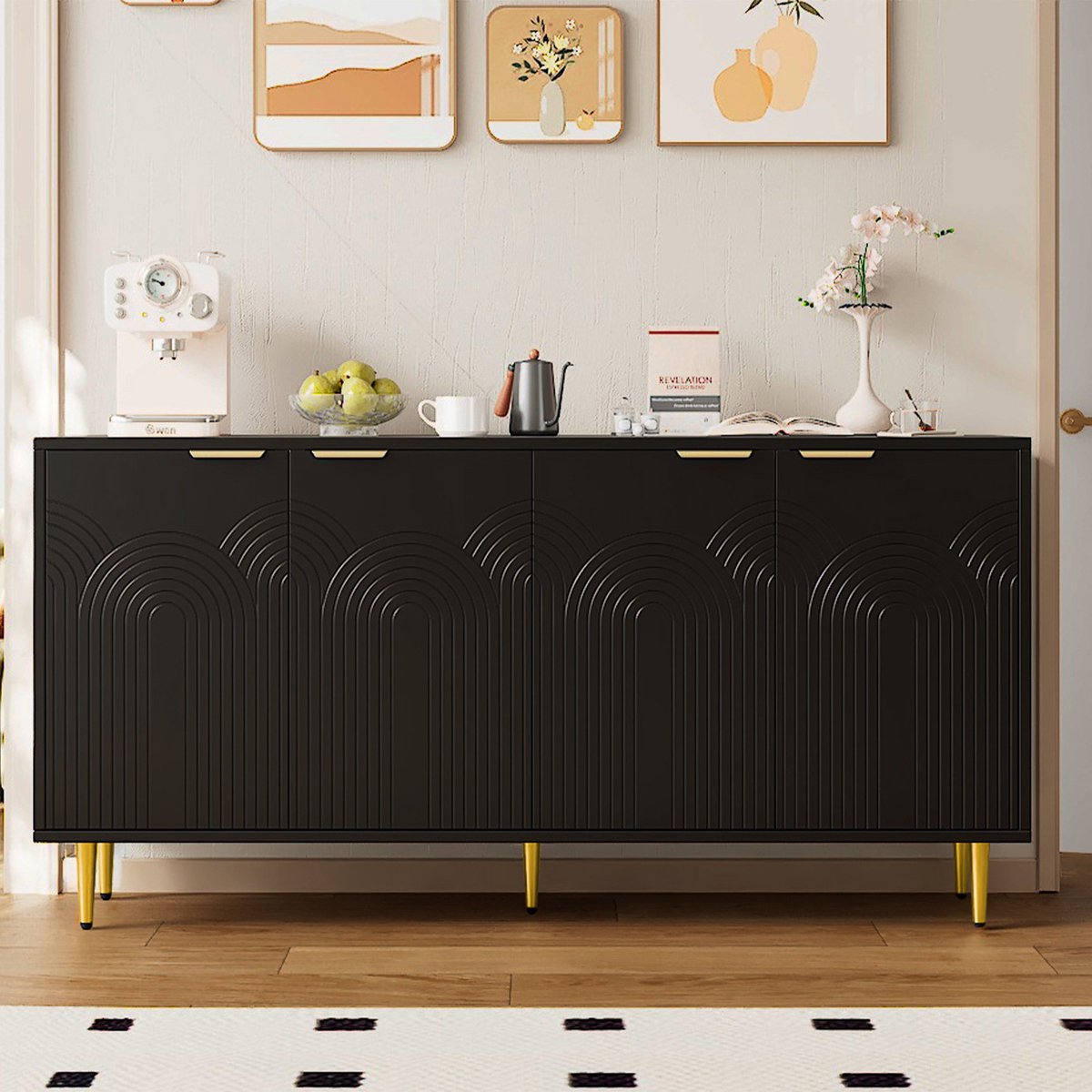 DESMIU Dressoir - 4 Deuren Met Verstelbare Planken En Softclose - Voor Woonkamer En Eetkamer - MDF En Spaanplaat - 160x40x80 Cm - Zwart