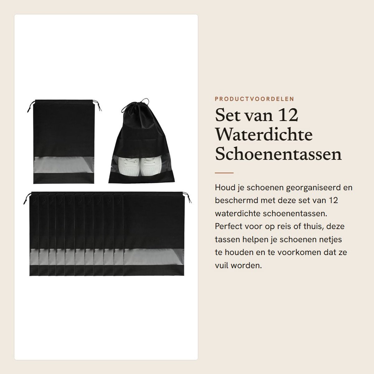 Dailygoods- Schoenentas Set van 12 - Waterdichte/Ademende Schoenenzakken - Transparant Venster - Multifunctionele Organizer - 44 x 32 cm - Bescherming tegen Vuil - Schoenenzak