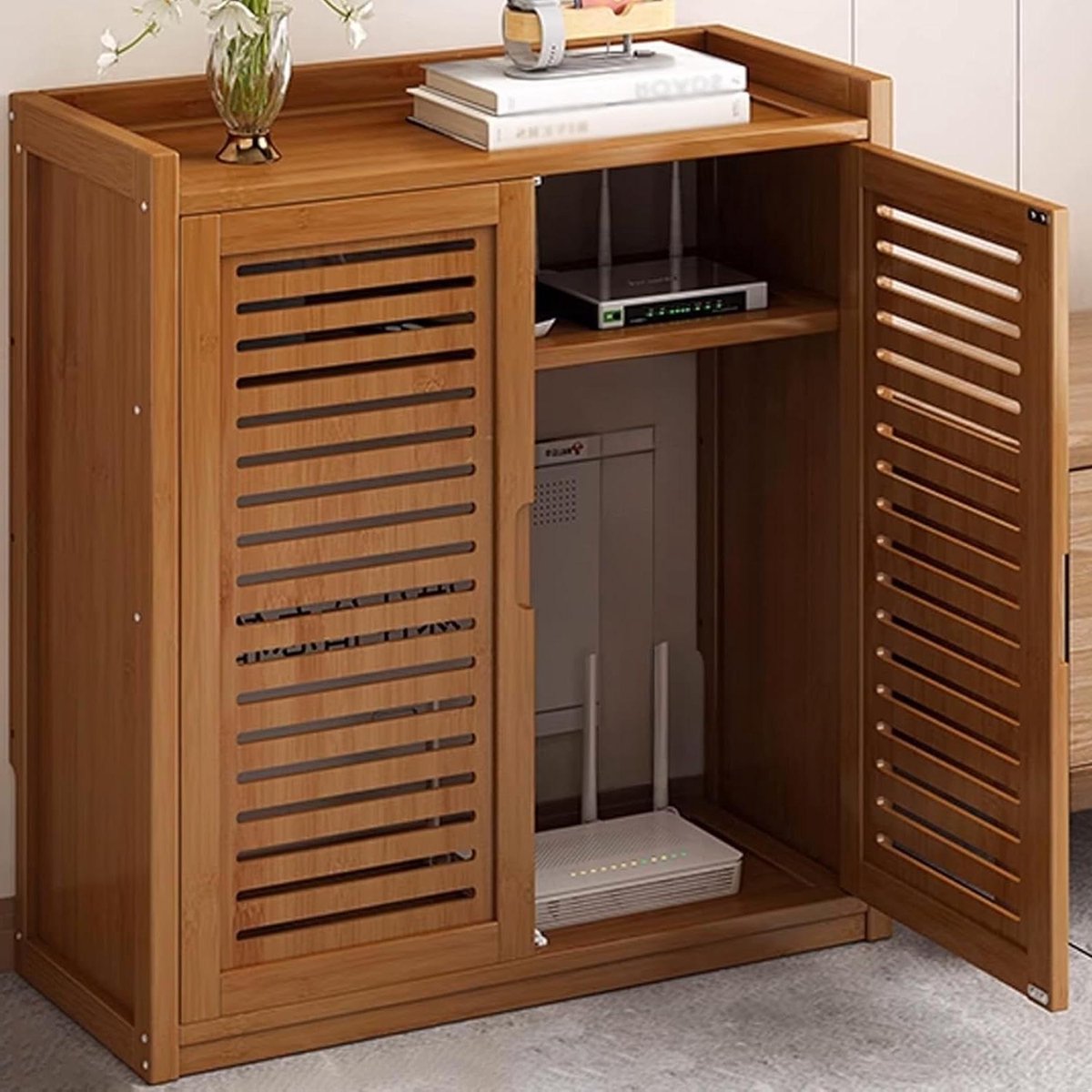 Router Opbergkast - Router Organizer Box - Netwerkapparatuur Verbergen - Onbelemmerd Signaal - 60cm Breed - Natuurlijk Hout