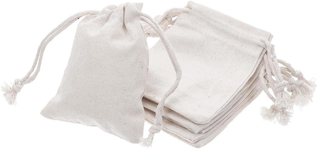 Katoenen Zakjes - Stoffen Opbergzakjes Mini - Cadeaus Organiseren - Met Trekkoord - 9x7 cm - Beige