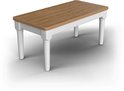 Houten bankje met witte poten en een bruin tafelblad.