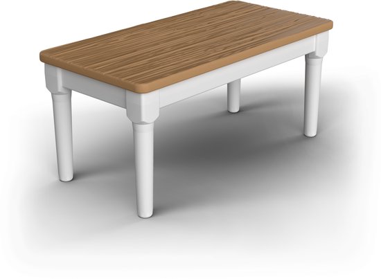 Houten bankje met witte poten en een bruin tafelblad.