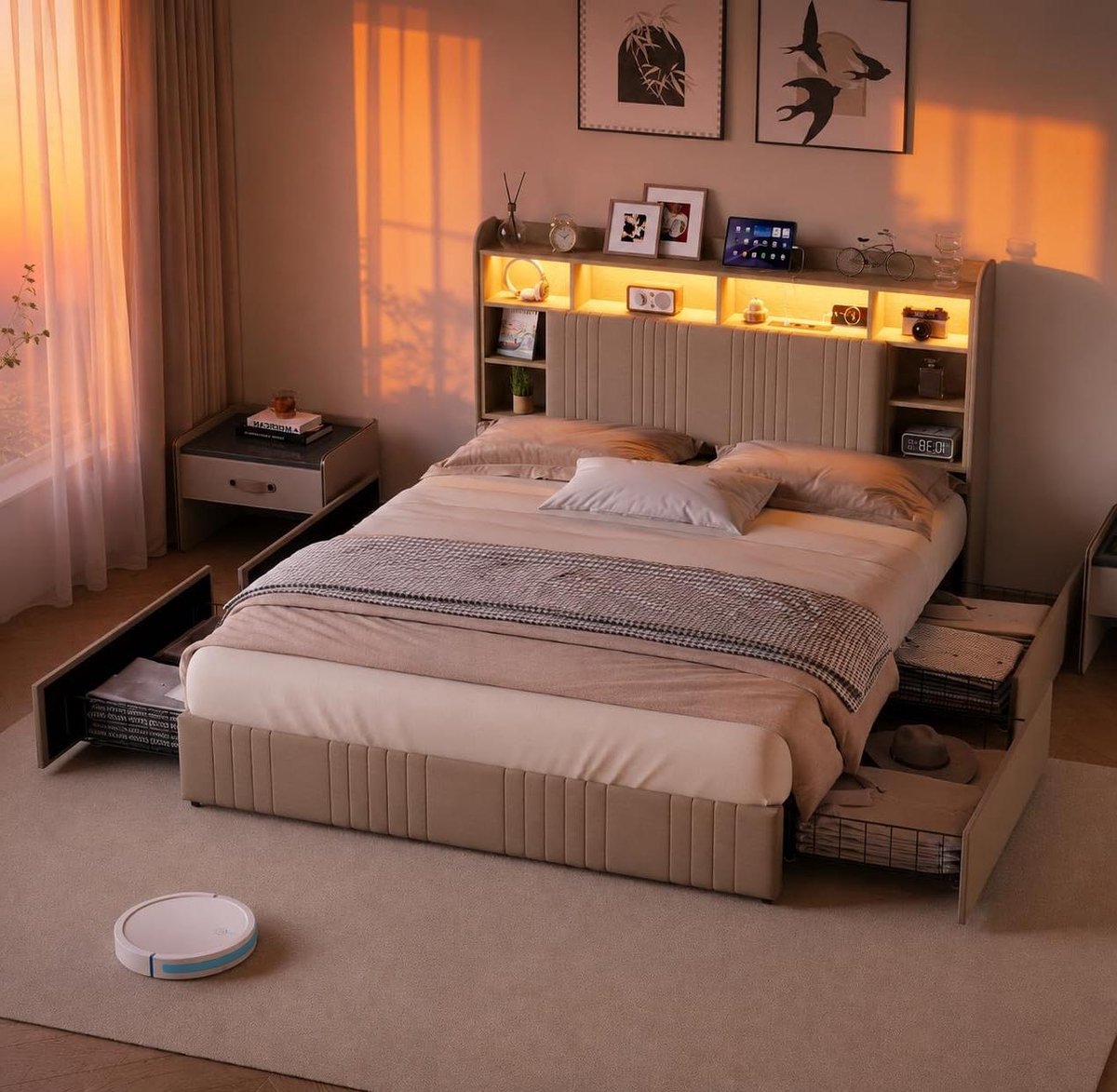 Gestoffeerd Bed met Laden - Opbergbed Bedframe - Slaapkamer Inrichten - Geïntegreerde LED en USB - 140x200 cm - Beige