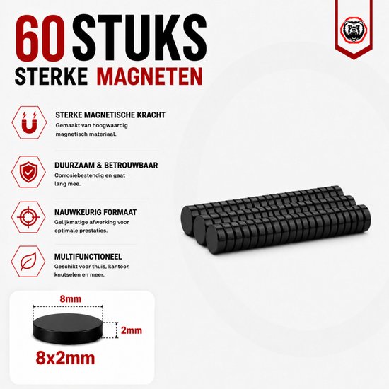 Afbeelding van 60 stuks sterke, zwarte neodymium magneten met de afmetingen 8 x 2 mm.