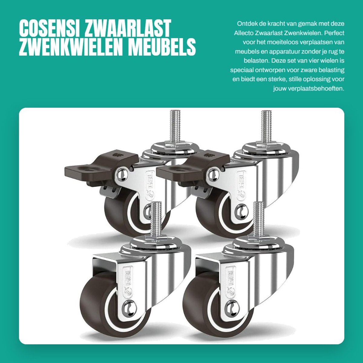 Dailygoods- Zwenkwielen Zwaarlast met 2 Remmen - Set van 4 - 25 mm M6x15 mm Bout - Tot 40 kg - Antislip - Veilig voor Alle Vloertypes - Meubelwielen