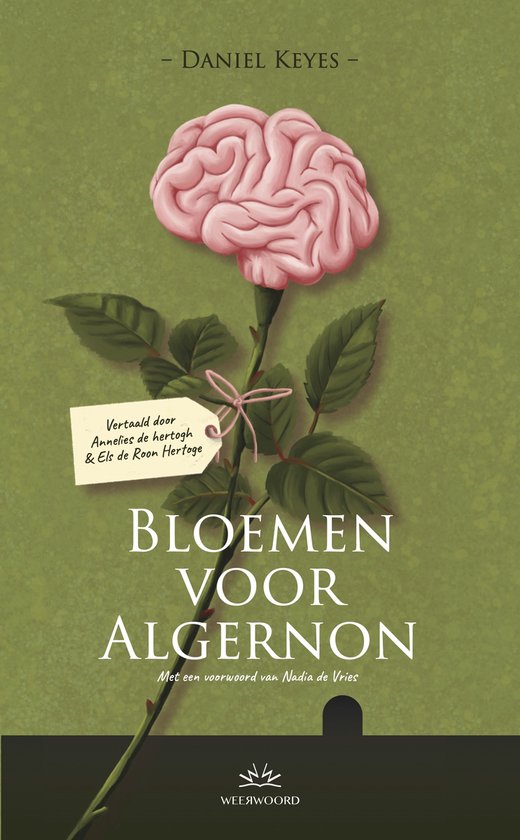 Boekcover met een roze roos waarvan de bloemblaadjes de vorm van een hersenen hebben. De titel is 'Bloemen voor Algernon'.