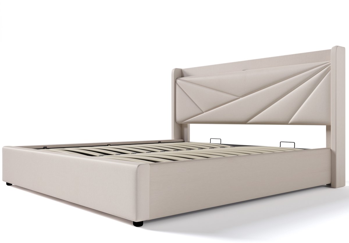 COVREO Bed 160x200 cm beige stof, met USB-C en opbergruimte