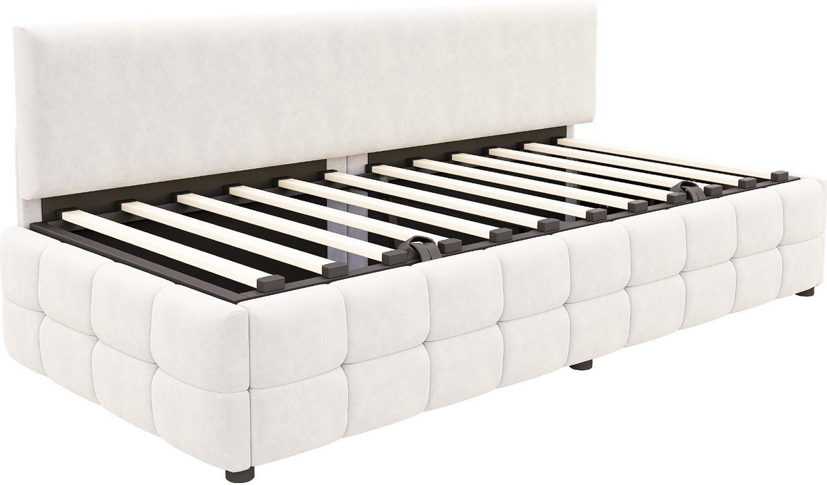 COVREO Slaapbank met opbergruimte – 202x96x78 cm – Gestoffeerd bed met rugleuning – Bed met lattenbodem – Beige - zonder matras