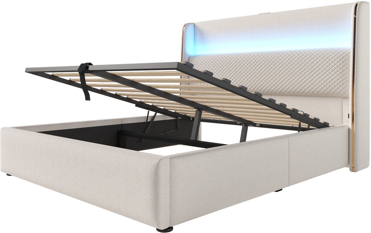 COVREO Bed met hoog hoofdbord – 140x200 cm – Ledikant met LED en USB/Type-C – Hydraulisch opbergbed – Beige - zonder matras