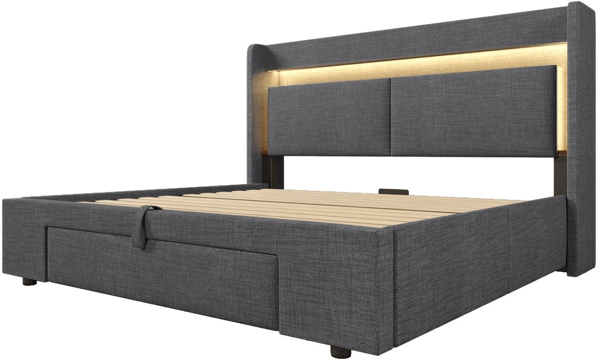 COVREO Bed met opbergruimte – 140x200 cm – Tweepersoonsbed met LED en USB – met hoofdbord en lattenbodem – Grijs - zonder matras