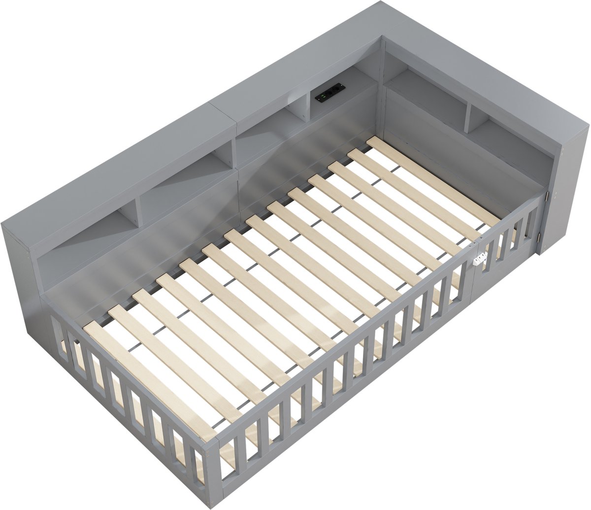 COVREO Bedbank 90x200 cm – grijs, met opbergruimte, USB en stopcontact