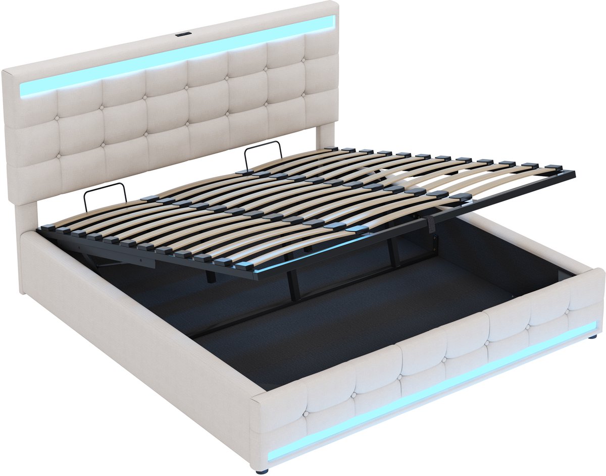 COVREO Bedframe 180x200 - beige, LED, USB, opbergruimte, zonder matras