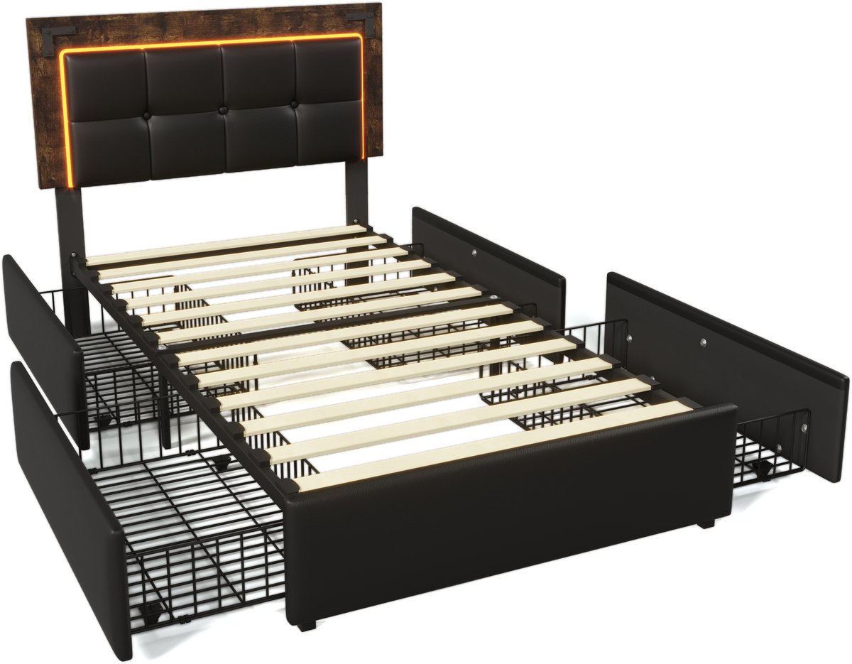 COVREO Bedframe 90x200 cm zwart PU, LED en 4 lades, zonder matras