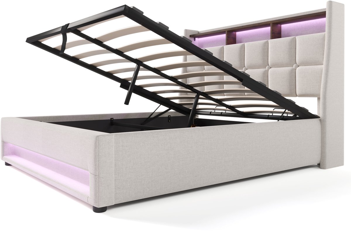 COVREO Bedframe 140x200 cm beige stof, LED, opbergruimte, zonder matras